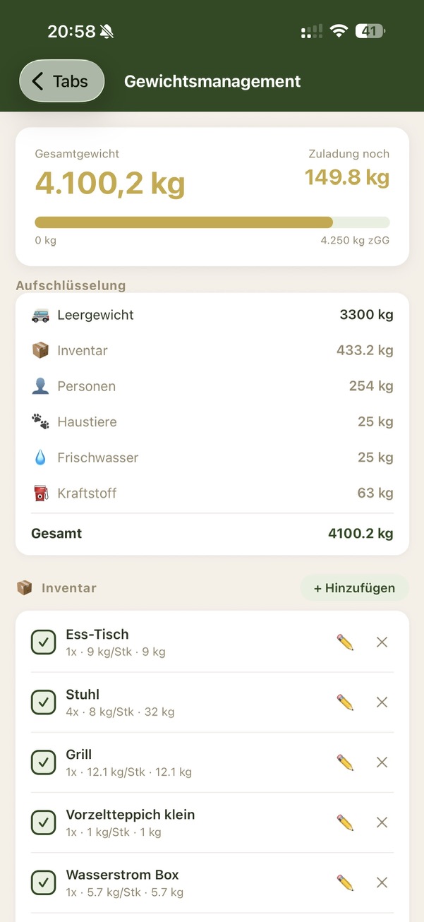 CamperCheck Gewichtsmanagement